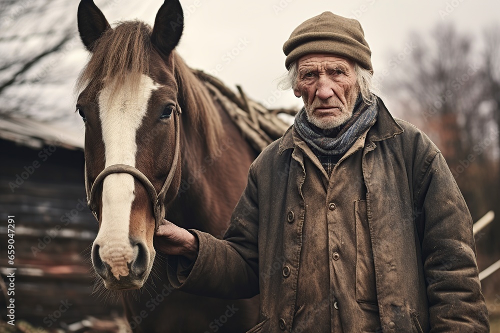 Wall mural old man with his horse in shape