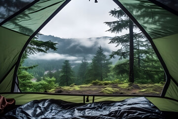 Inside a Camping Tent in a Misty Morning Rainy Mountain Forest - A Tranquil View from the Wilderness