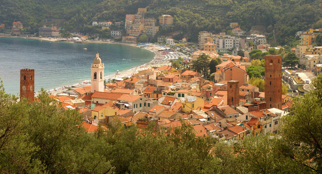 Ligurian village of Noli and bay viewed from the castle