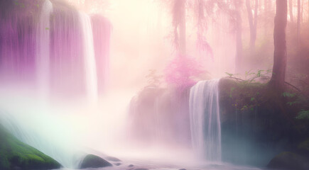 Soft pink background with waterfall in the fog. AI