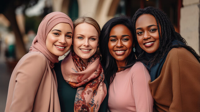 Multicultural Female Friends Smiling Happily, A vibrant image featuring a diverse group of young women, radiating joy and friendship as they share a moment of laughter and happiness outdoors