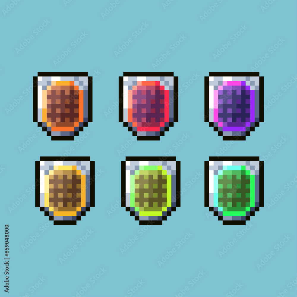 Poster pixel art sets of shield with variation color item asset. simple bits of shield on pixelated style. 