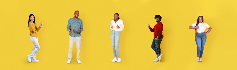 Cheerful multiracial young people showing thumb ups on yellow, web-banner