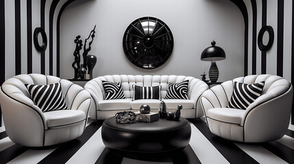 Hollywood Glam Style Living Room with Striped Corner Sofa and Barrel Chairs, generative Ai