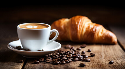 Cup of coffee with coffee beans and croissant on a wooden table. 