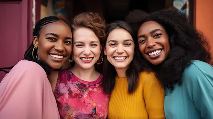 Foto op Canvas Multicultural Female Friends Smiling Happily, A vibrant image featuring a diverse group of young women, radiating joy and friendship as they share a moment of laughter and happiness outdoors © ZEKINDIGITAL