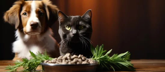 Deurstickers CBD and medical marijuana used as food delicacy for dogs and cats in dishes with hemp leaves close up © AkuAku