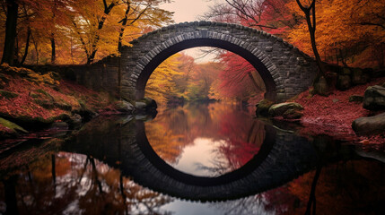 Colorful autumn reflection of the bridge in the water. Autumn background