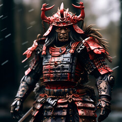 Fantasy warrior with red armor and horns on the background of the forest
