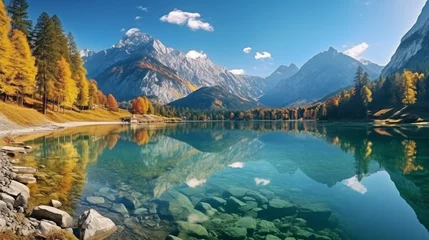 Foto op Canvas Autumn scene of hintersee lake. Autumn background at the lake. © Banu