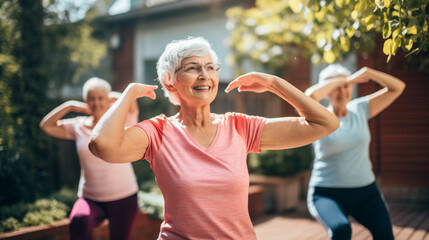 Obraz premium Senior woman doing exercise in the outdoor. Healthy lifestyle concept