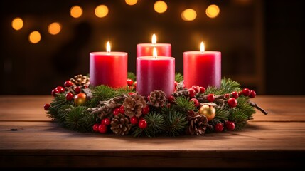 Close up of an Advent Wreath with four burning Candles. Festive Christmas Background