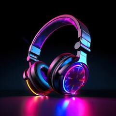 Fototapeta na wymiar headphone with blue neon lights on a black background. Music concept. 