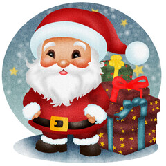 A cute Santa Claus character with many present box. Christmas, winter, holiday design elements.Vector illustration drawing.