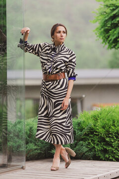 High fashion photo of a beautiful elegant young woman in a pretty zebra print dress posing outdoor.