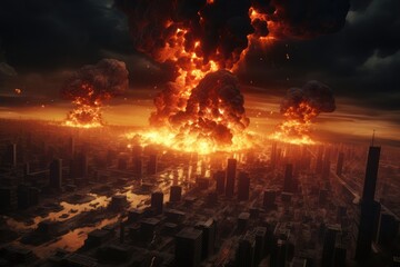 Fototapeta na wymiar Atomic bomb explosion in a city for nuclear war. 