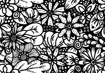 23100801 monochrome floral and leaves scribble seamless,hand drawn with scribble textures and floral elements,
floral scribble vector design for fashion printing,