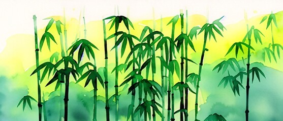 green bamboo trees , background . water colour . vintage art style .