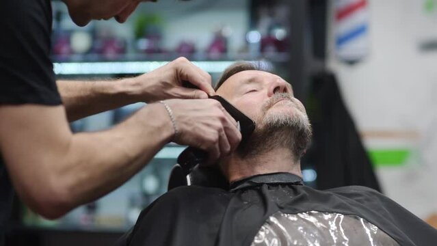 Barber master is shaving of handsome mature bearded man in salon. Hair artist making beard modeling for person in barbershop. Services of professional stylist. Fashion haircare for men