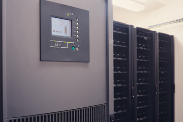 In the server room, the UPS battery is connected to an emergency power supply system