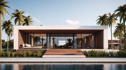 Fototapeta na wymiar Exterior of amazing modern minimalist cubic villa with large swimming pool among palm trees