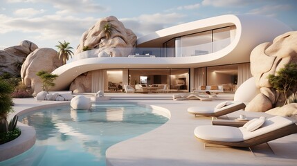 Exterior of modern minimalist white villa with swimming pool. Rich seaside house with round curved shapes - obrazy, fototapety, plakaty
