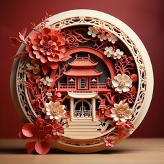 Chinese Pavilion Arch, door and lamp with red paper cut art and craft style on color Background