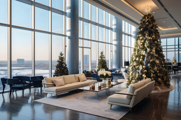 A Spacious Office Lobby Adorned with Panoramic Windows and a Magnificently Decorated Christmas Tree