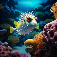 Fototapeta na wymiar Animals of the underwater sea world. Ecosystem. Colorful tropical puffer fish. Life in the coral reef