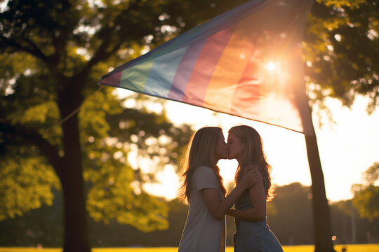 The lisbians are holding a rainbow-coloured flag. LGBT love concept.