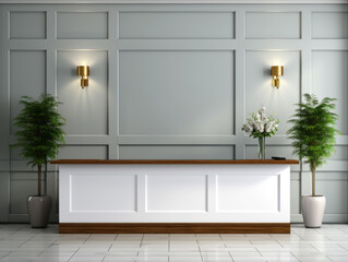 White reception desk in classic interior with green plant. Generative AI