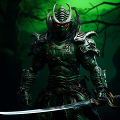 Fototapeta premium Fantasy knight with sword in green armor on a dark background