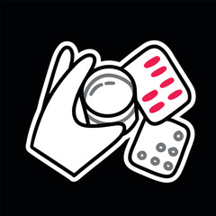 Vector sticker of a hand holding a glass of water, washing down pills and medicines, Clusters of pills and capsules on the table, treatment of illness, flu, colds, cough. Vitamins. Simple outline