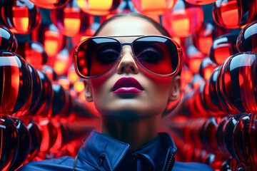 Black woman in trendy sunglasses illuminated by red and blue