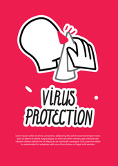 Poster template about protection from the virus, a person who sneezes or coughs. Outline vector silhouette with red nose. Inscription and text. Simple doodle outline style