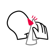 A person sneezes or coughs into a handkerchief and covers his face. Silhouette of a man or woman. Cold, flu, pneumonia, illness, disease, treatment, sore throat. Vector simple outline style, icon