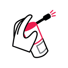 Throat spray, treatment for cold or flu, sore throat. The hand holds the jar and sprays the product. Vector simple doodle style, illustration, outline icon.