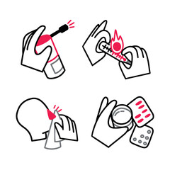 Vector set of icons about illnesses and colds, spray for a sore throat, thermometer with a high temperature, pills and a glass of water, a sick person sneezes or coughs. Simple blow cartoon outline