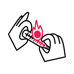 High body temperature, hands holding a thermometer. Colds, flu, pneumonia. Disease, treatment. Vector simple outline doodle cartoon style, go icon illustration.