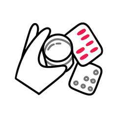 A hand holds a glass of water to wash down the medicine. Clusters with pills on the table. Disease treatment, prevention, vitamins. Cold, flu, illness. Simple vector doodle style outline, illustration