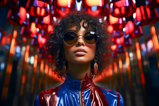 Curly black haired woman in trendy sunglasses illuminated by red and blue