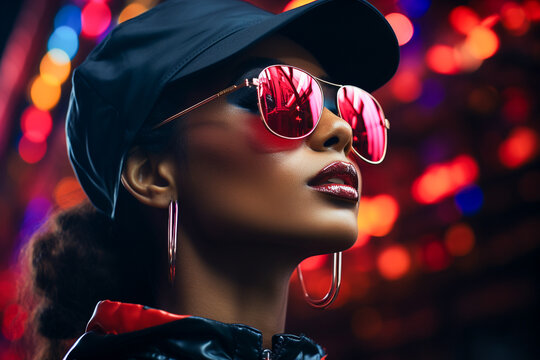Afro-american woman in trendy sunglasses and cap
