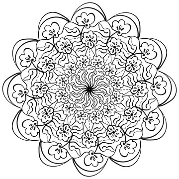 Simple outline mandala with flowers and ornate patterns, meditative coloring page