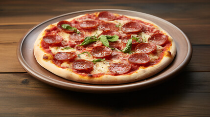 pizza with salami and tomatoes