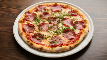 pizza with salami on a white plate