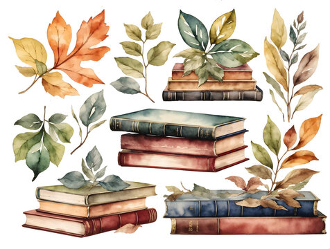 set of watercolor stack vintage old book with nature leaves isolated on transparent background