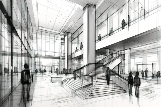 Wide angle sketch of interior building in black and white using generative AI 