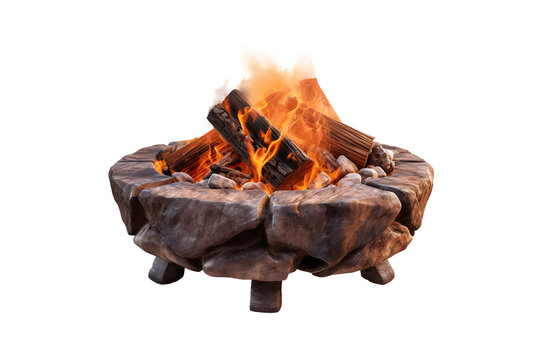 Fire Pit made of concrete burning fire on woods, (Cutout PNG) isolated on transparent background, AI
