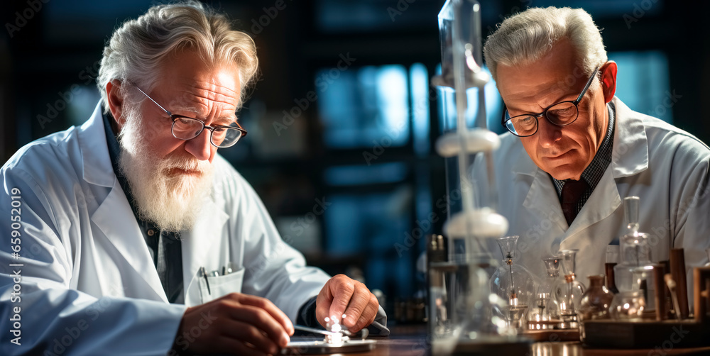 Poster senior scientist in lab, coat and eyeglasses, working with test tubes. generative ai