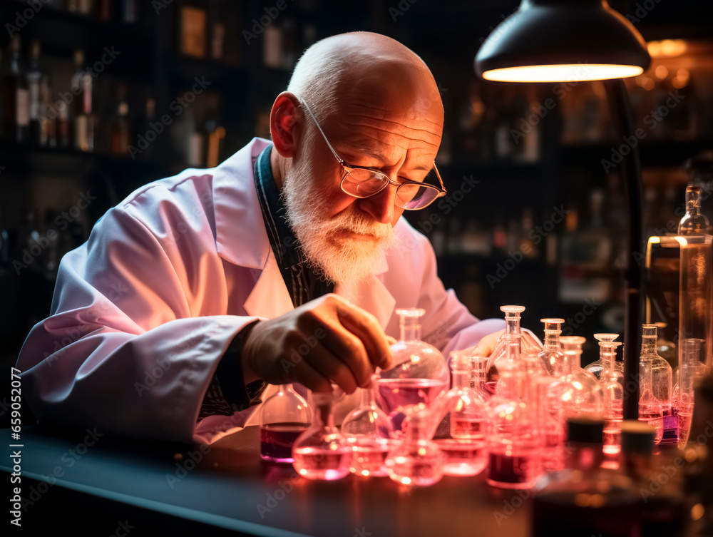 Poster experienced senior chemist working in the laboratory. generative ai